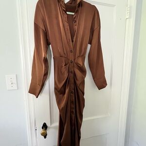 Brown Ruched Wrap Dress with Cowl Neck